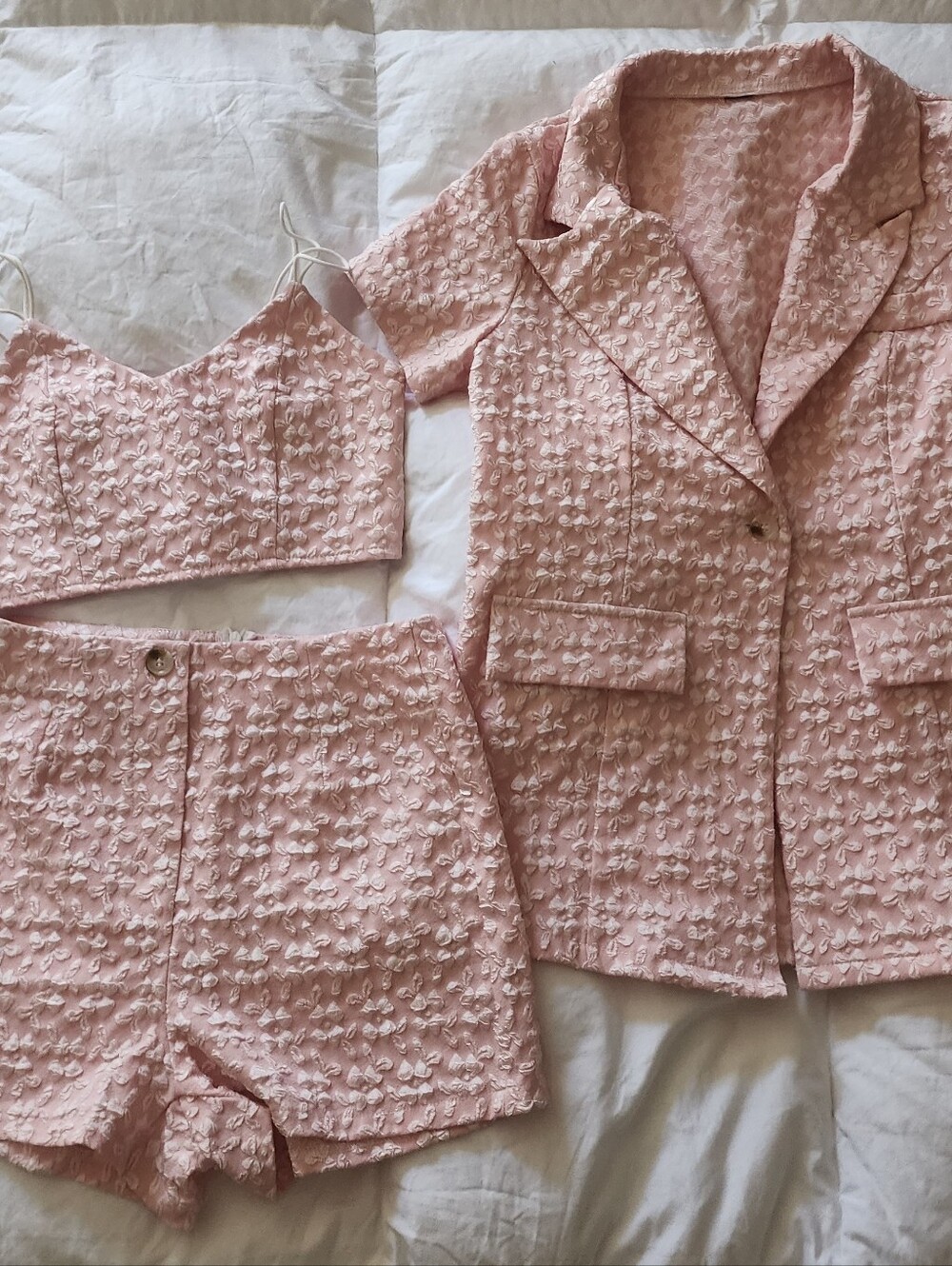 Pink Textured 3-Piece Crop Top, Shorts & Blazer Set
